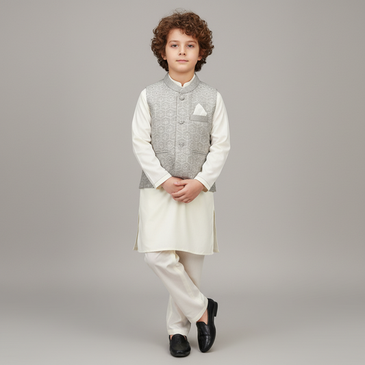 Boys White Kurta Shalwar with Gray Waistcoat - Premium 3-Piece Set