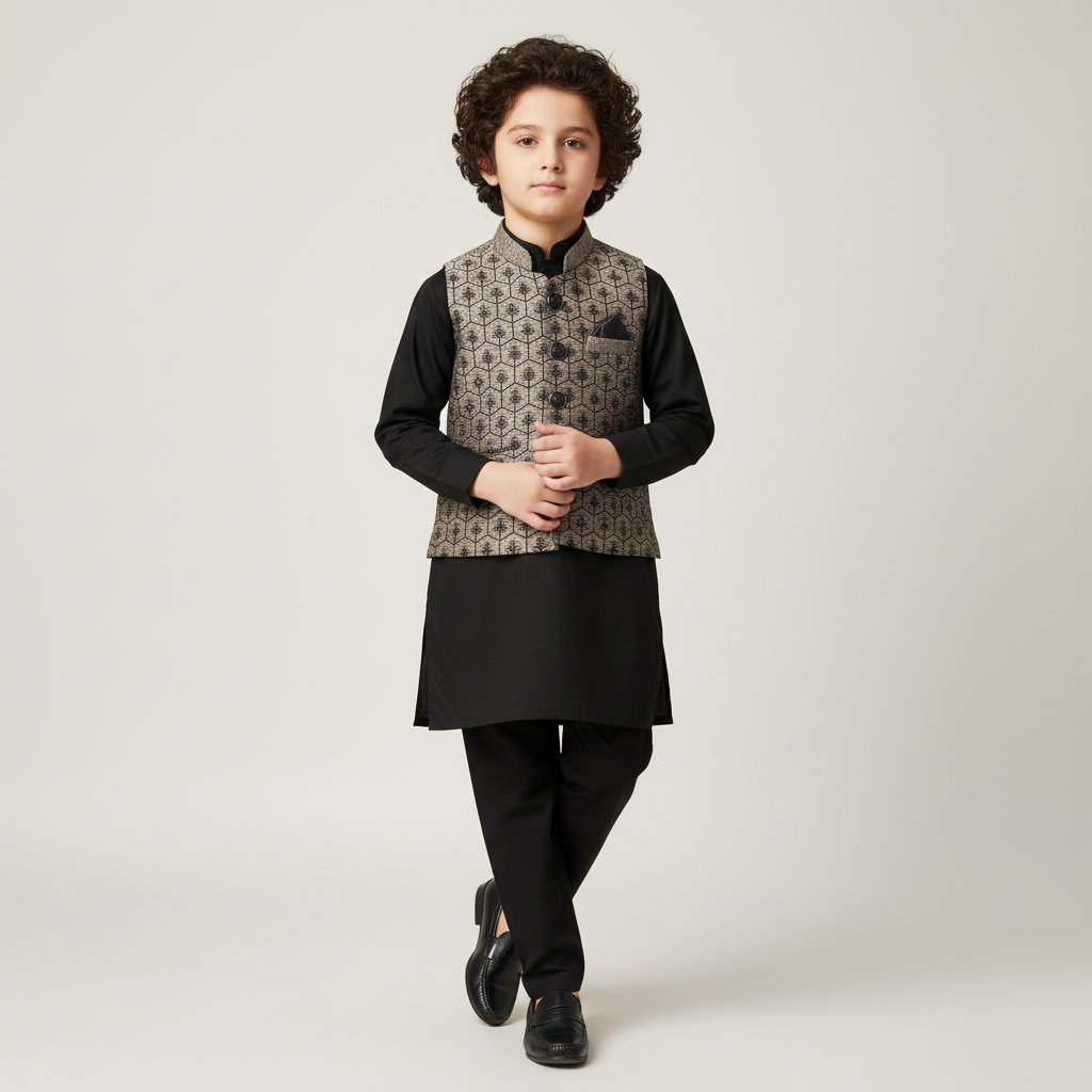 Boys Black Kurta Shalwar with Chocolate Waistcoat - Premium 3-Piece Set