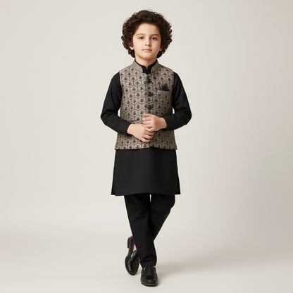 Boys Black Kurta Shalwar with Chocolate Waistcoat - Premium 3-Piece Set