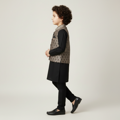 Boys Black Kurta Shalwar with Chocolate Waistcoat - Premium 3-Piece Set
