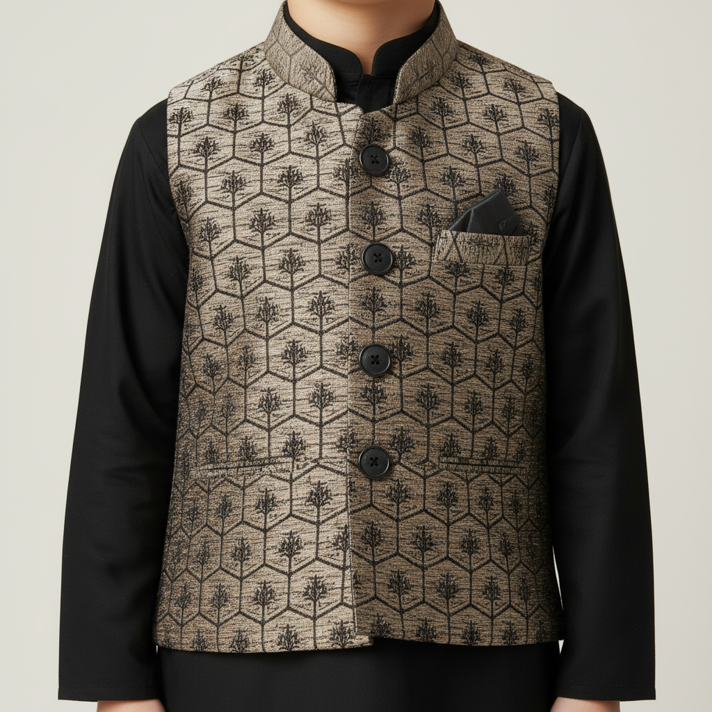 Boys Black Kurta Shalwar with Chocolate Waistcoat - Premium 3-Piece Set
