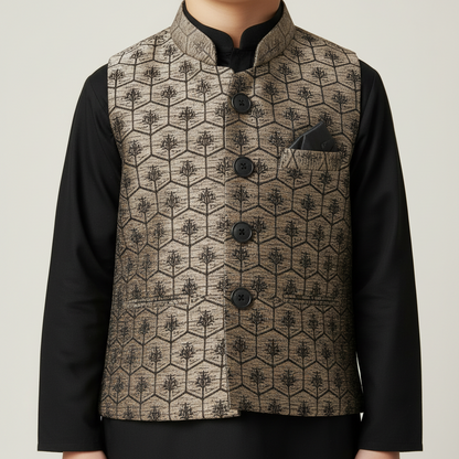 Boys Black Kurta Shalwar with Chocolate Waistcoat - Premium 3-Piece Set