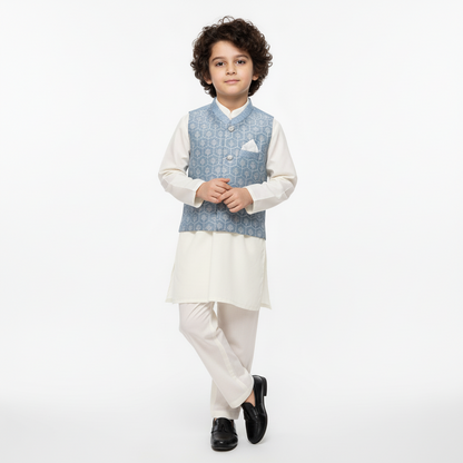 Boys Off White Kurta Shalwar with Light Blue Waistcoat - Premium 3-Piece Set