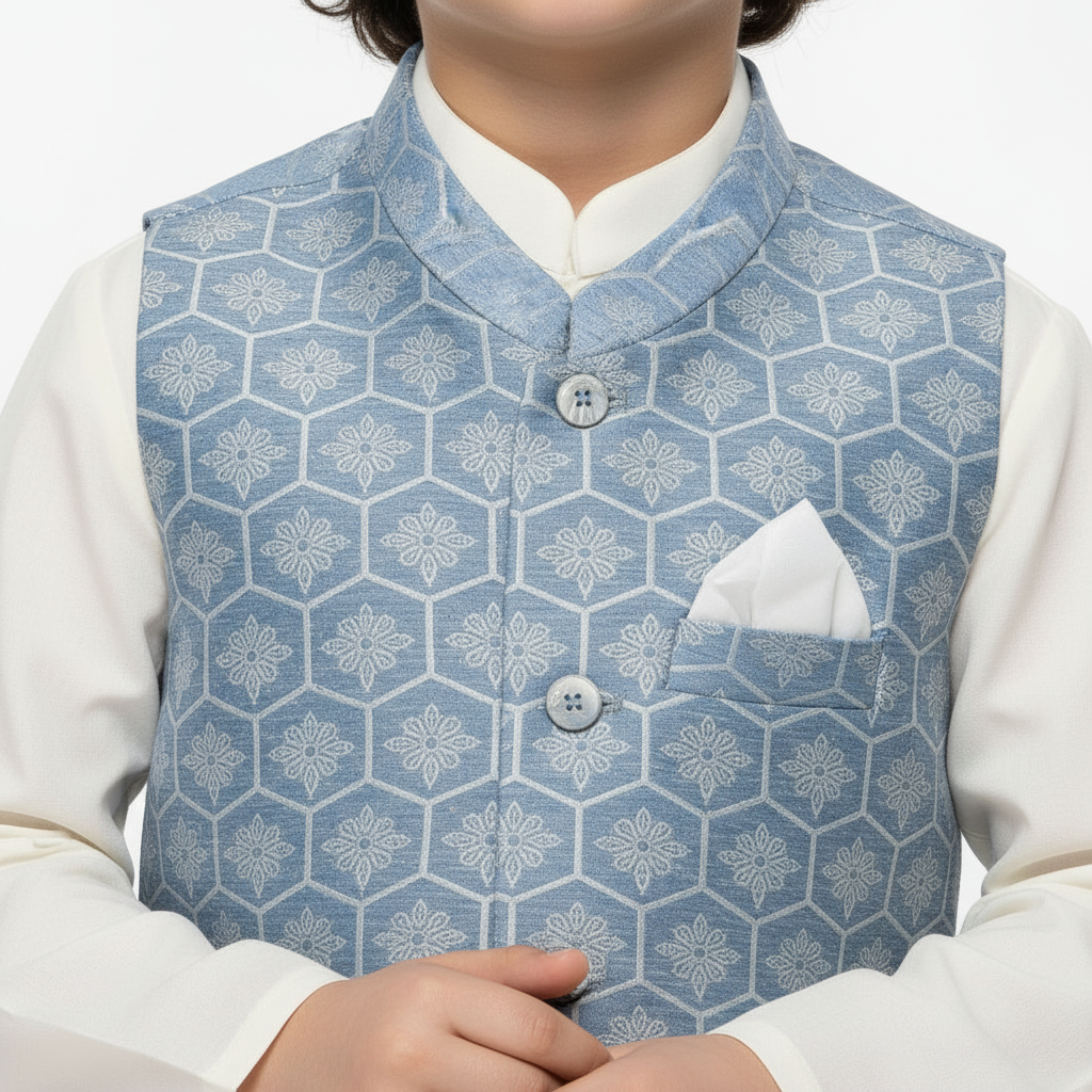 Boys Off White Kurta Shalwar with Light Blue Waistcoat - Premium 3-Piece Set