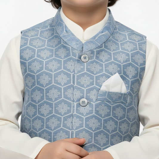 Boys Off White Kurta Shalwar with Light Blue Waistcoat - Premium 3-Piece Set