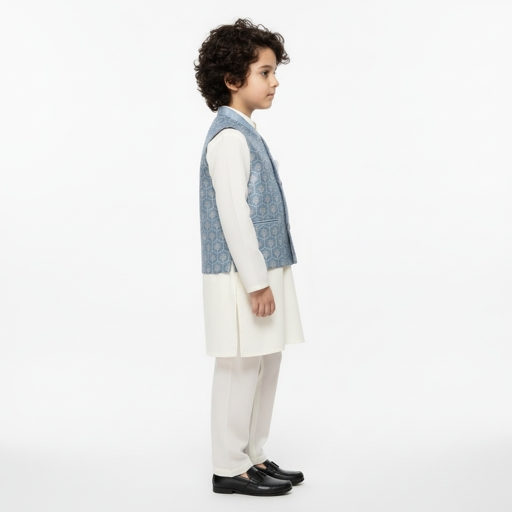 Boys Off White Kurta Shalwar with Light Blue Waistcoat - Premium 3-Piece Set