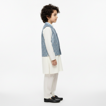 Boys Off White Kurta Shalwar with Light Blue Waistcoat - Premium 3-Piece Set