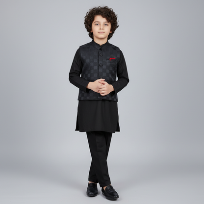 Boys Black Kurta Shalwar with Black Waistcoat - Premium 3-Piece Set