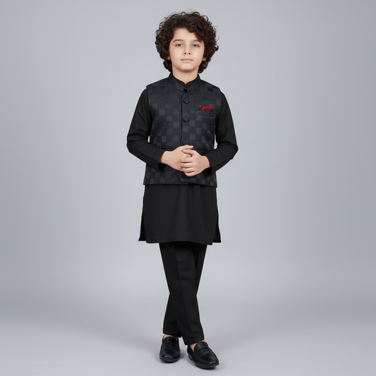 Boys Black Kurta Shalwar with Black Waistcoat - Premium 3-Piece Set