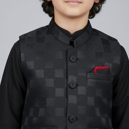 Boys Black Kurta Shalwar with Black Waistcoat - Premium 3-Piece Set