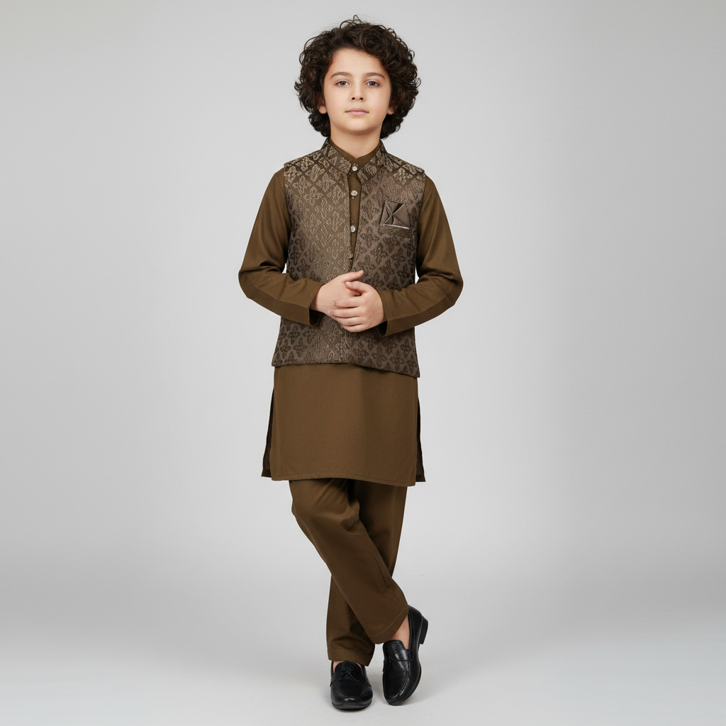 Boys Dark Brown Kurta Shalwar with Stylish Waistcoat - Premium 3-Piece Set