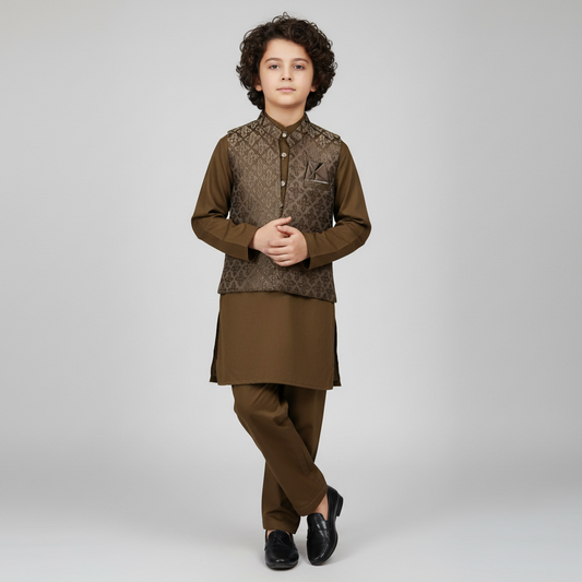 Boys Dark Brown Kurta Shalwar with Stylish Waistcoat - Premium 3-Piece Set