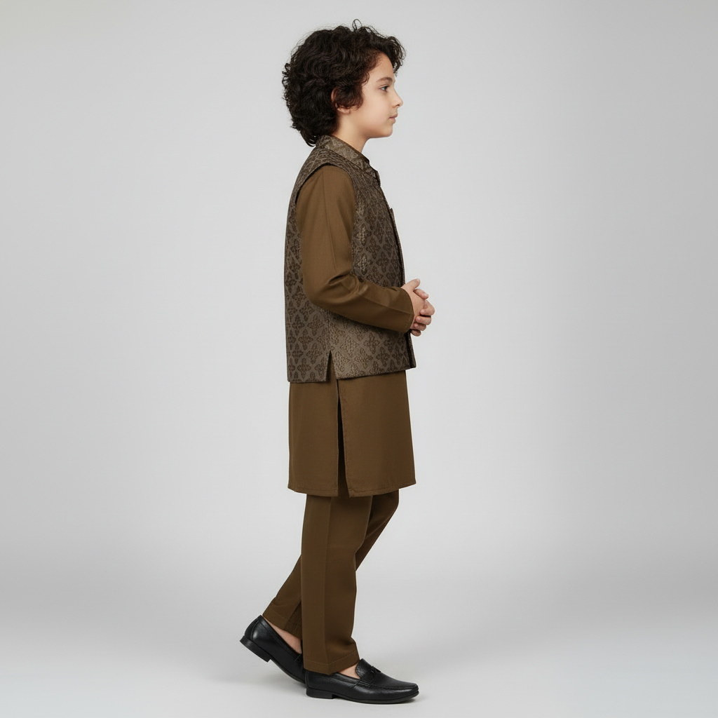 Boys Dark Brown Kurta Shalwar with Stylish Waistcoat - Premium 3-Piece Set
