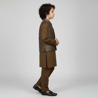 Boys Dark Brown Kurta Shalwar with Stylish Waistcoat - Premium 3-Piece Set