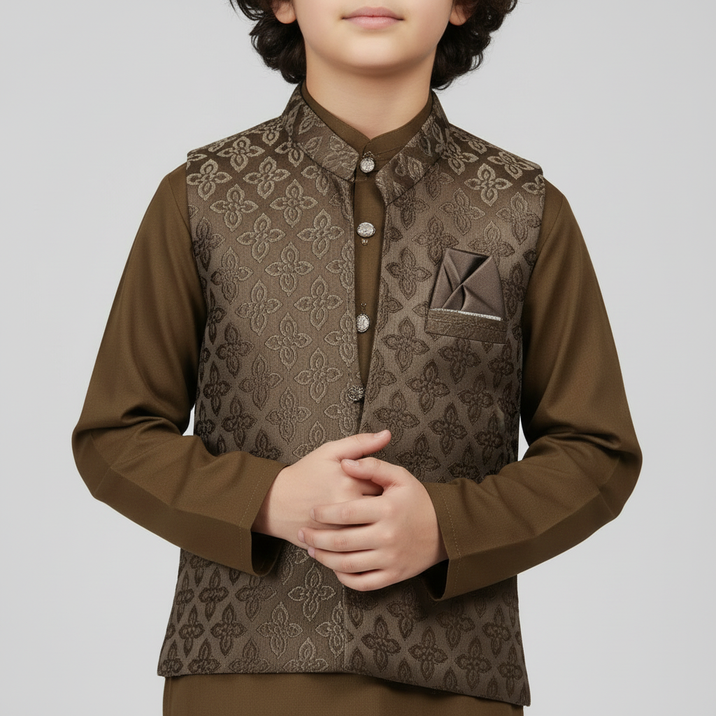 Boys Dark Brown Kurta Shalwar with Stylish Waistcoat - Premium 3-Piece Set