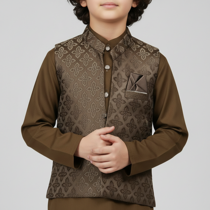 Boys Dark Brown Kurta Shalwar with Stylish Waistcoat - Premium 3-Piece Set