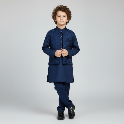 Boys Zinc Blue Kurta Shalwar with Embroidery Waistcoat - Premium 3-Piece Set