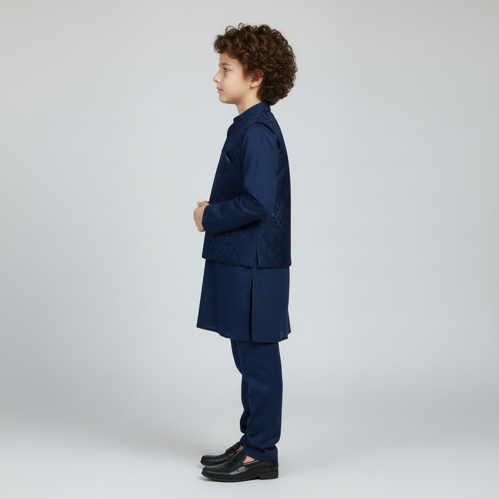 Boys Zinc Blue Kurta Shalwar with Embroidery Waistcoat - Premium 3-Piece Set