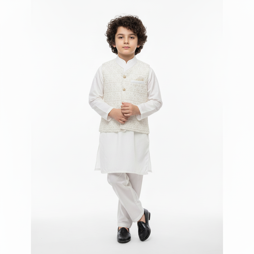 Boys White Kurta Shalwar with Golden Embroidery Waistcoat - Premium 3-Piece Set