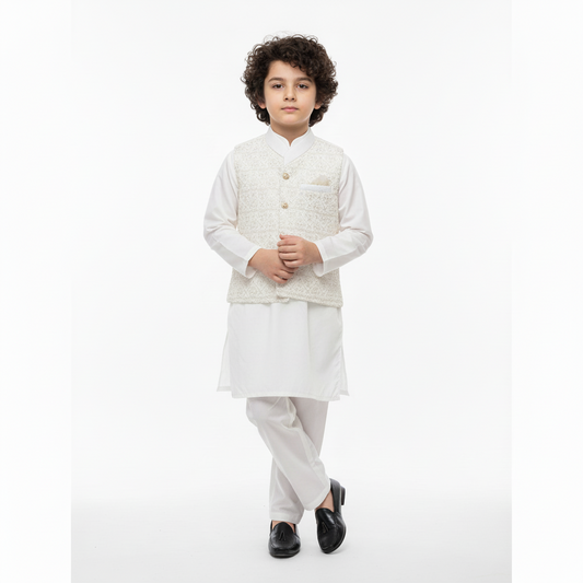 Boys White Kurta Shalwar with Golden Embroidery Waistcoat - Premium 3-Piece Set