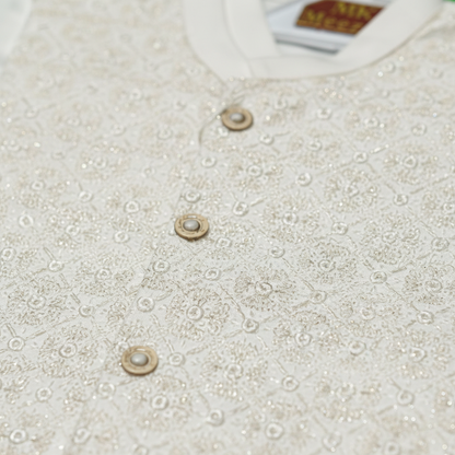 Boys White Kurta Shalwar with Golden Embroidery Waistcoat - Premium 3-Piece Set