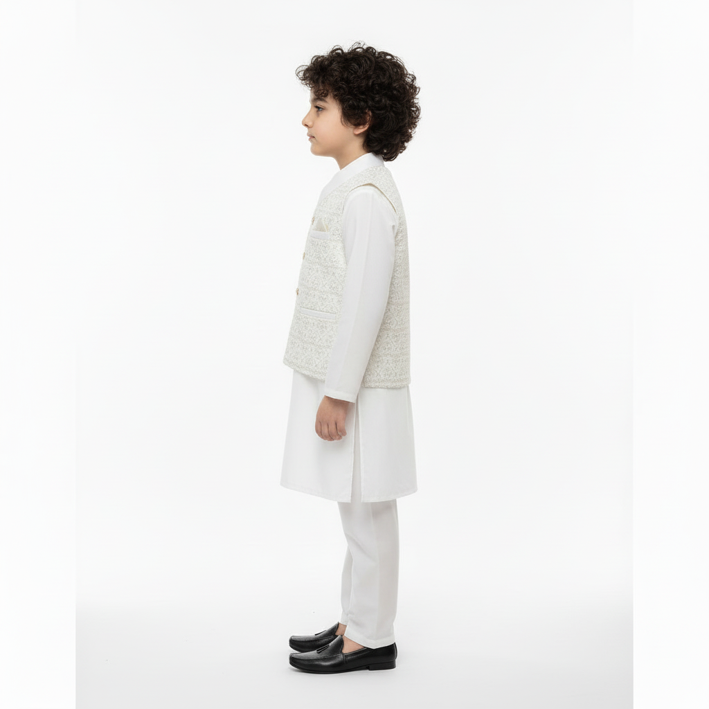 Boys White Kurta Shalwar with Golden Embroidery Waistcoat - Premium 3-Piece Set