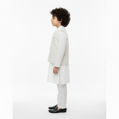 Boys White Kurta Shalwar with Golden Embroidery Waistcoat - Premium 3-Piece Set