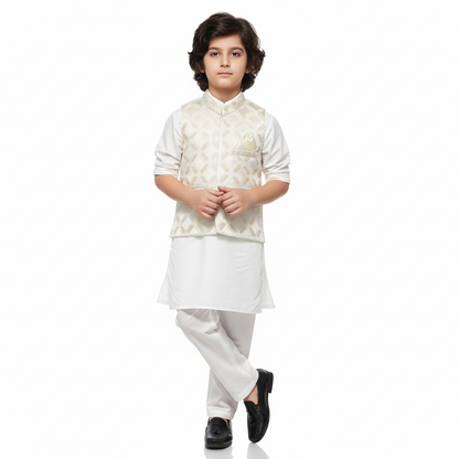 Boys Premium White Kurta Shalwar with Cream Waistcoat - 3-Piece Set