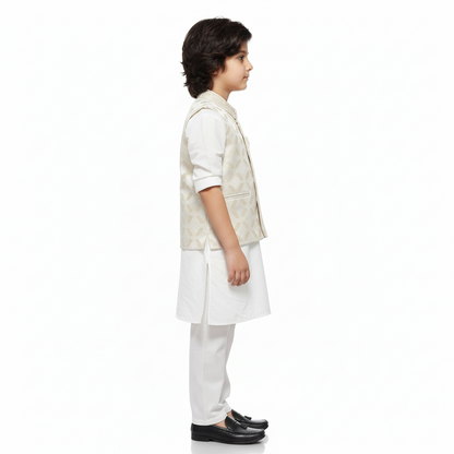 Boys Premium White Kurta Shalwar with Cream Waistcoat - 3-Piece Set