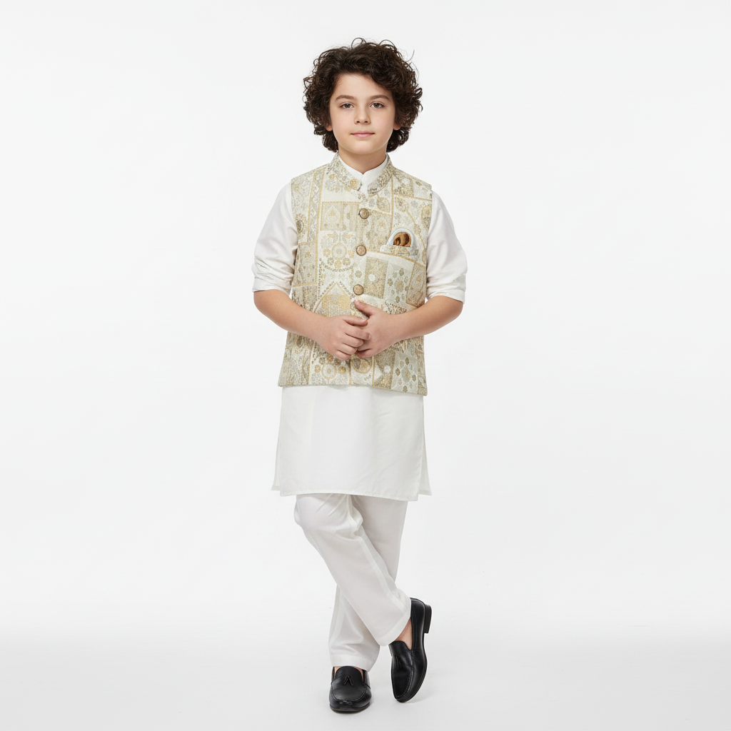 Boys White Kurta Shalwar with Golden Waistcoat - Premium 3-Piece Set