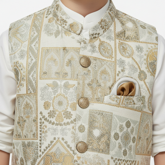 Boys White Kurta Shalwar with Golden Waistcoat - Premium 3-Piece Set