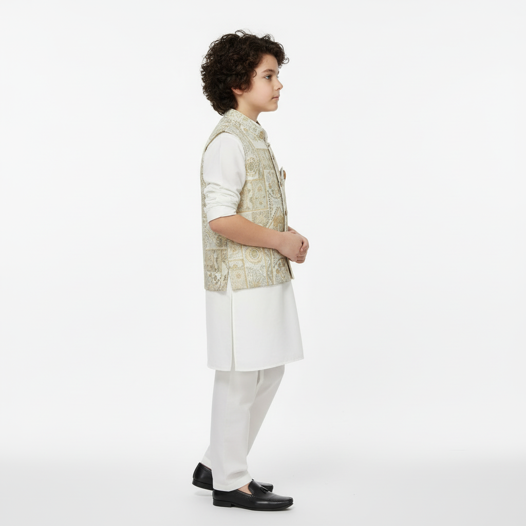 Boys White Kurta Shalwar with Golden Waistcoat - Premium 3-Piece Set