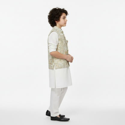 Boys White Kurta Shalwar with Golden Waistcoat - Premium 3-Piece Set