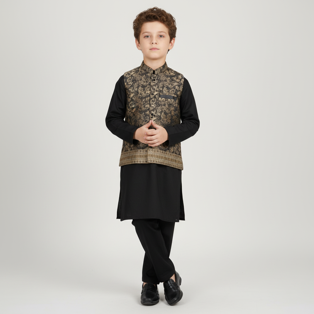 Boys Black Kurta Shalwar with Geometric Waistcoat - Premium 3-Piece Set