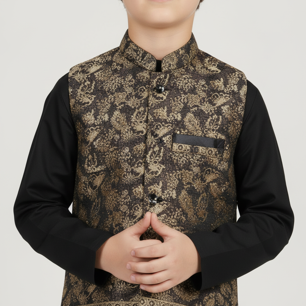 Boys Black Kurta Shalwar with Geometric Waistcoat - Premium 3-Piece Set