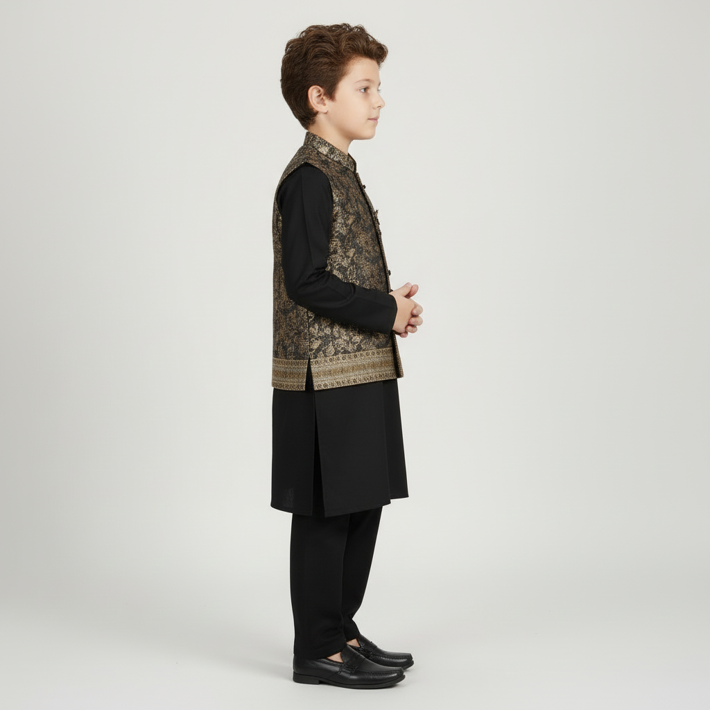 Boys Black Kurta Shalwar with Geometric Waistcoat - Premium 3-Piece Set