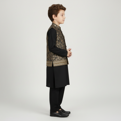 Boys Black Kurta Shalwar with Geometric Waistcoat - Premium 3-Piece Set