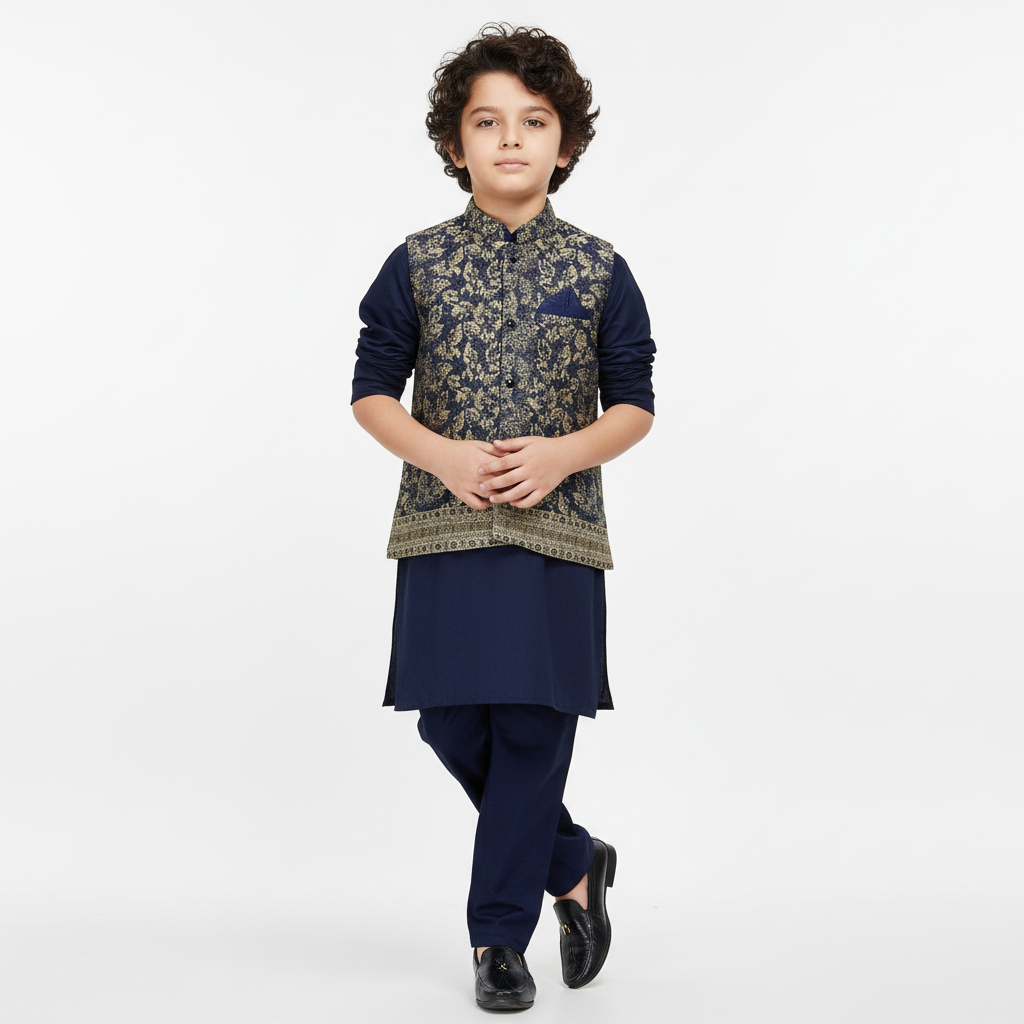 Boys Blue Kurta Shalwar with Geometric Waistcoat - Premium 3-Piece Set