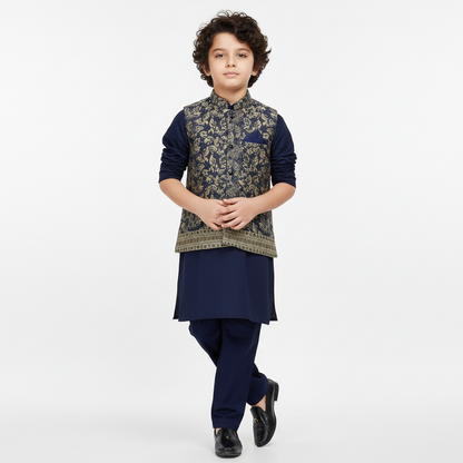 Boys Blue Kurta Shalwar with Geometric Waistcoat - Premium 3-Piece Set