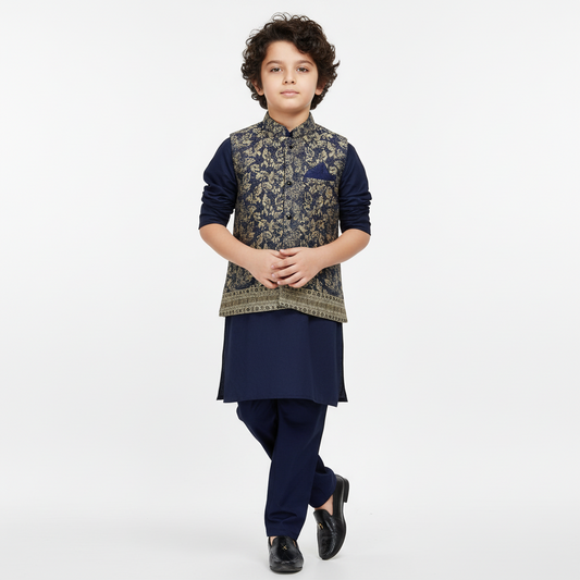 Boys Blue Kurta Shalwar with Geometric Waistcoat - Premium 3-Piece Set