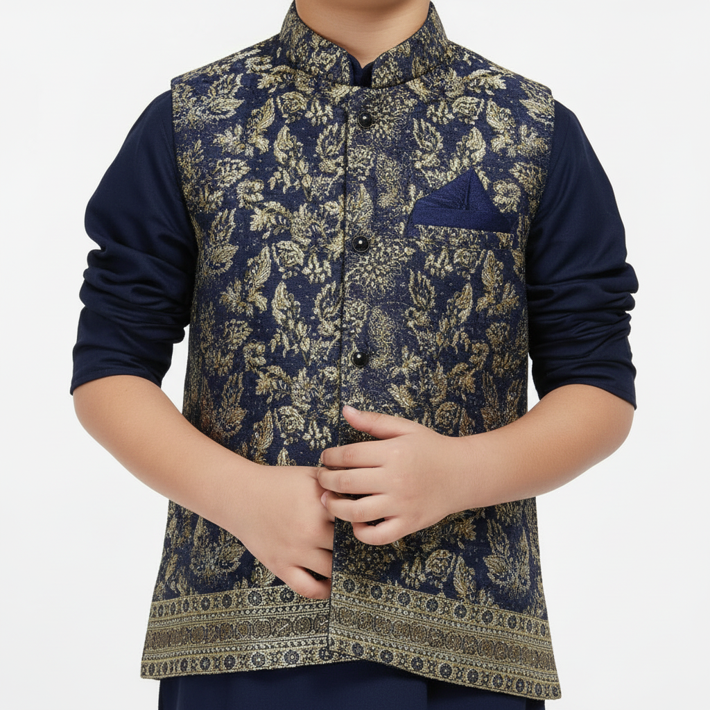 Boys Blue Kurta Shalwar with Geometric Waistcoat - Premium 3-Piece Set