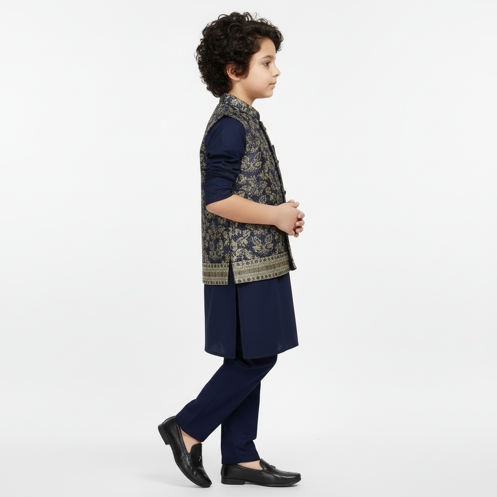 Boys Blue Kurta Shalwar with Geometric Waistcoat - Premium 3-Piece Set