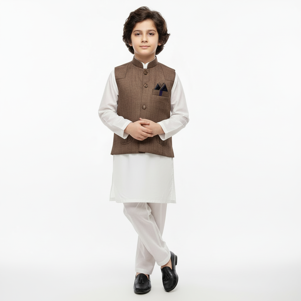 Boys White Kurta Shalwar with Chocolate Waistcoat - Premium 3-Piece Set