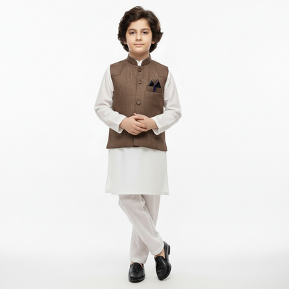 Boys White Kurta Shalwar with Chocolate Waistcoat - Premium 3-Piece Set