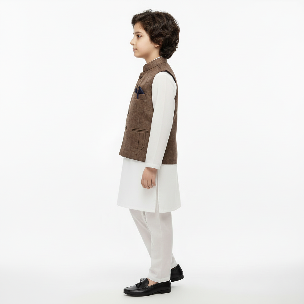 Boys White Kurta Shalwar with Chocolate Waistcoat - Premium 3-Piece Set