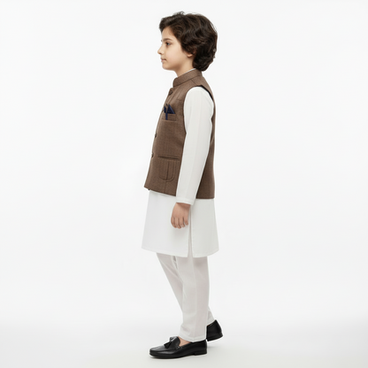 Boys White Kurta Shalwar with Chocolate Waistcoat - Premium 3-Piece Set