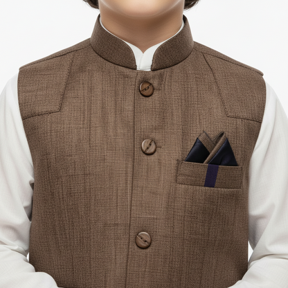 Boys White Kurta Shalwar with Chocolate Waistcoat - Premium 3-Piece Set