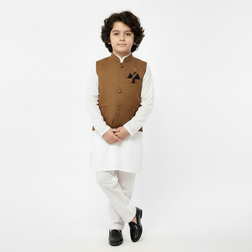 Child wearing a brown vest over a white shirt with a white dhoti on a white background