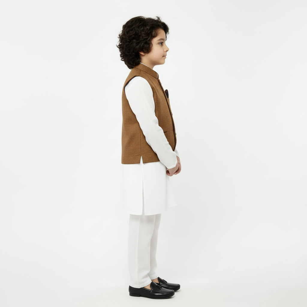 Boys White Kurta Shalwar with Golden Waistcoat - Premium 3-Piece Set