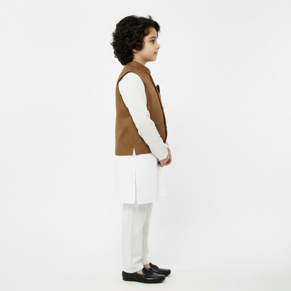 Boys White Kurta Shalwar with Golden Waistcoat - Premium 3-Piece Set